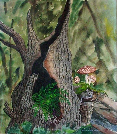 Mouse_in_Tree copy.jpg - Mouse and Tree Trunk, watercolor, collection of E. Wolff